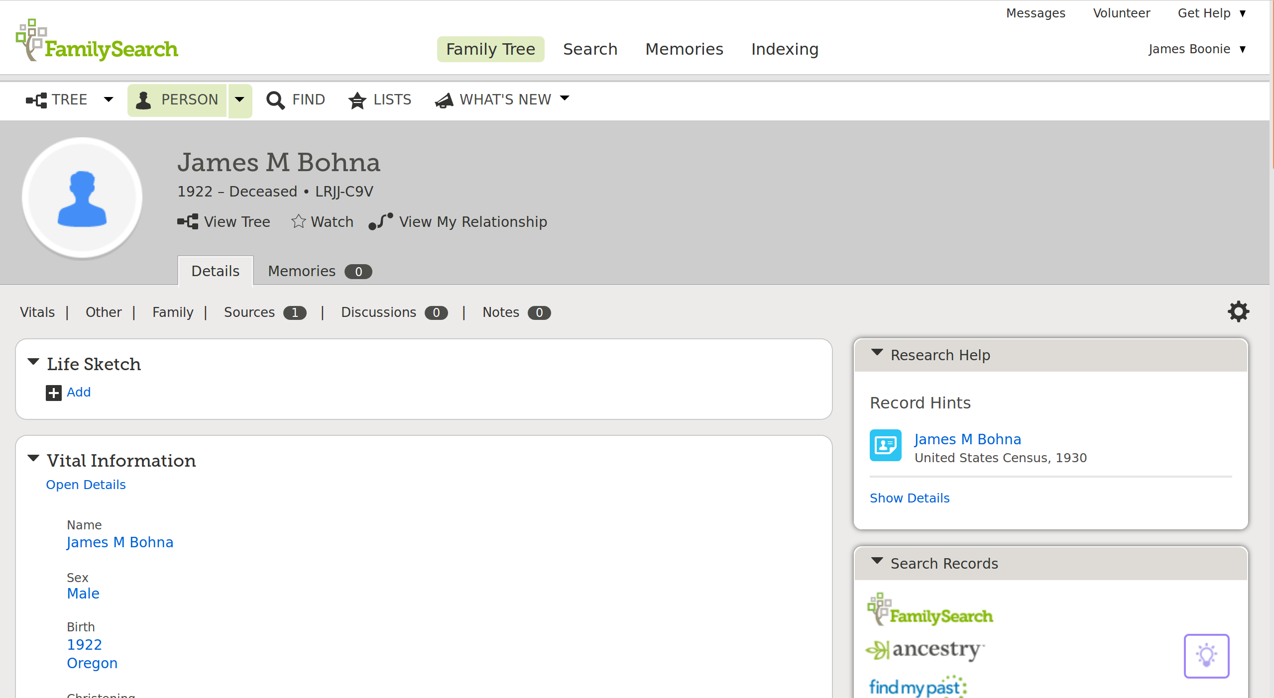 FamilySearch Person Profile Page