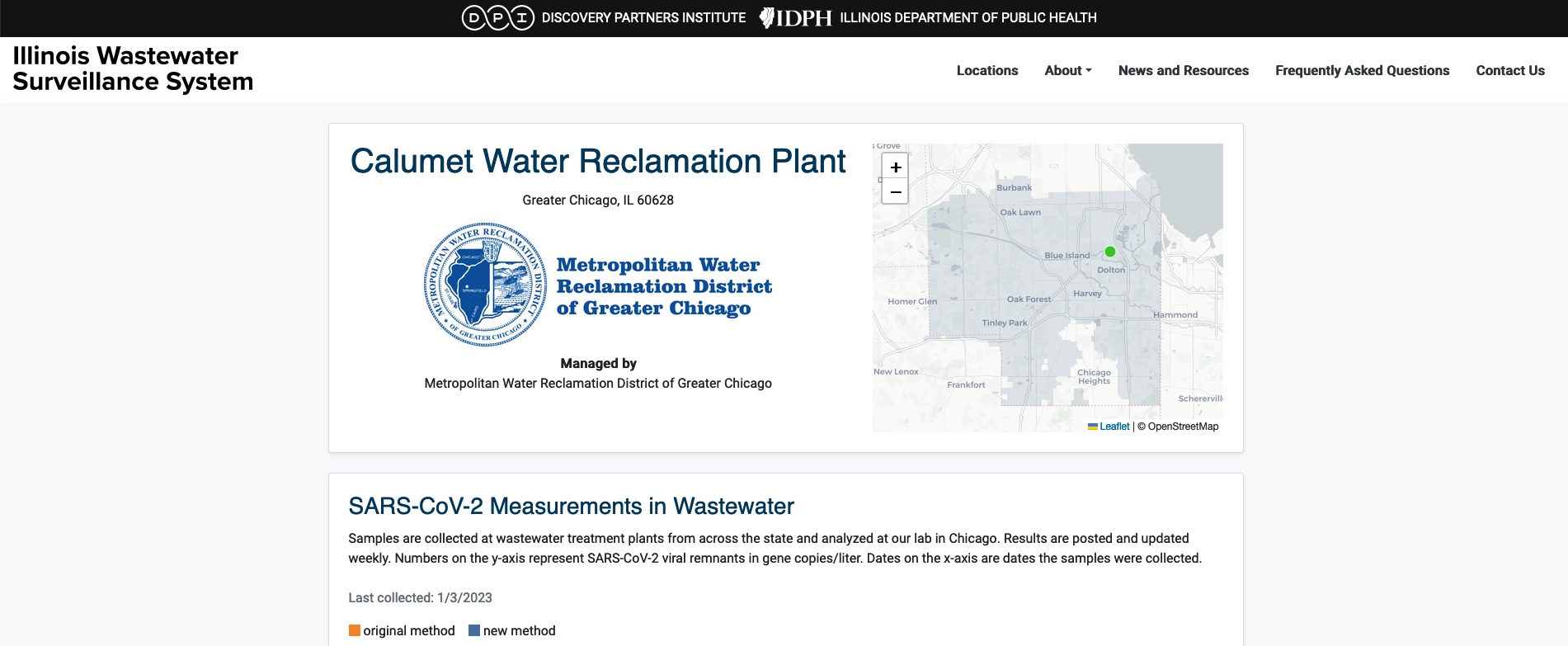 Each monitoring location has a detail page showing location, map and trendline