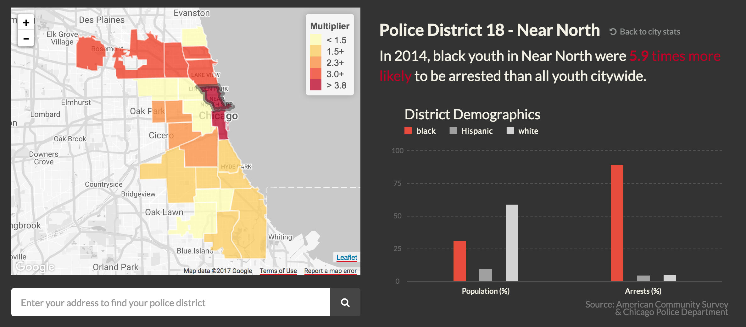 Map shows variable arrest rate of black youth by Chicago police district