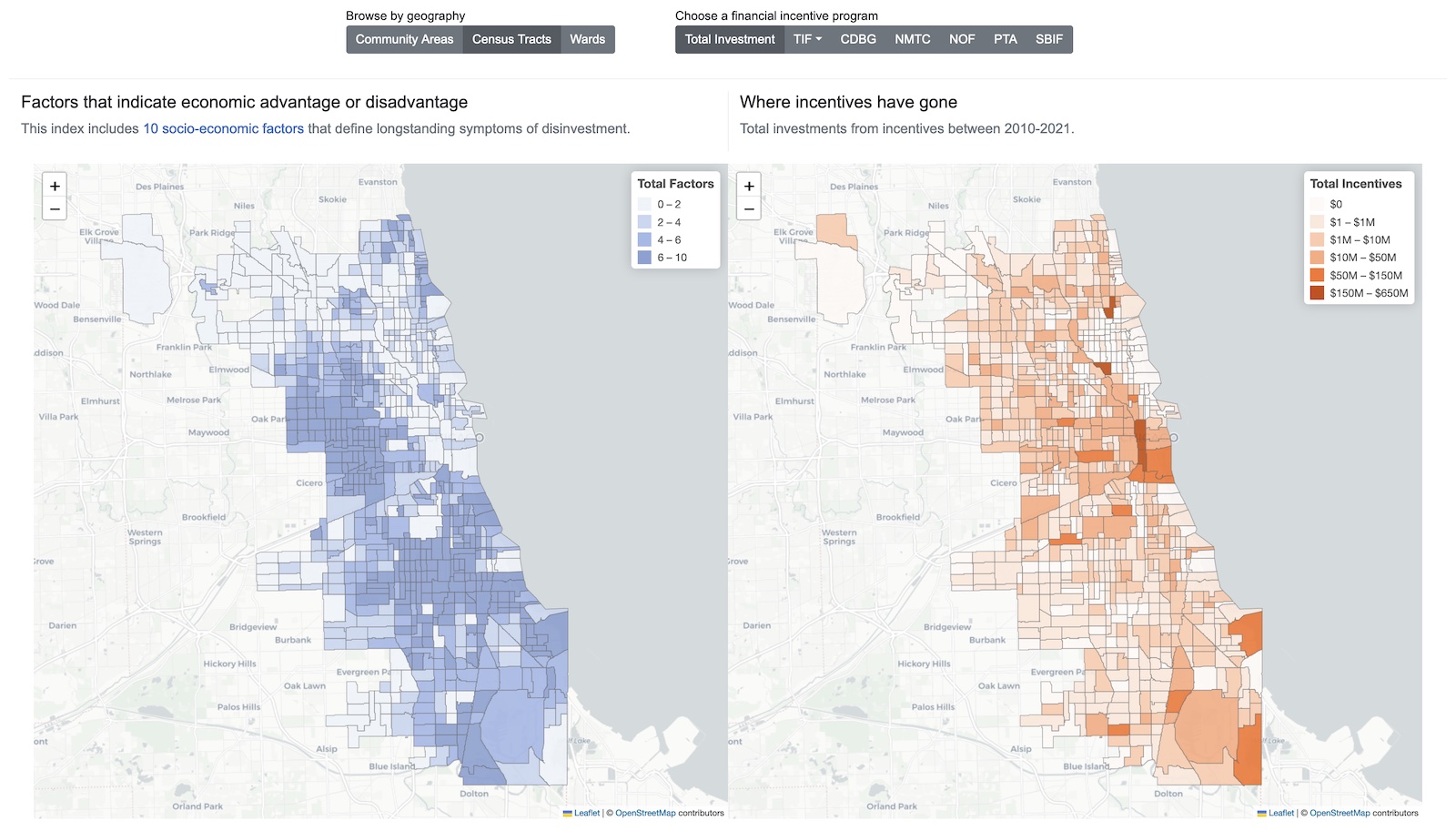 Browse US Census Tracts and compare what areas have greater economic disadvantage and where funding has gone from Chicago incentive programs