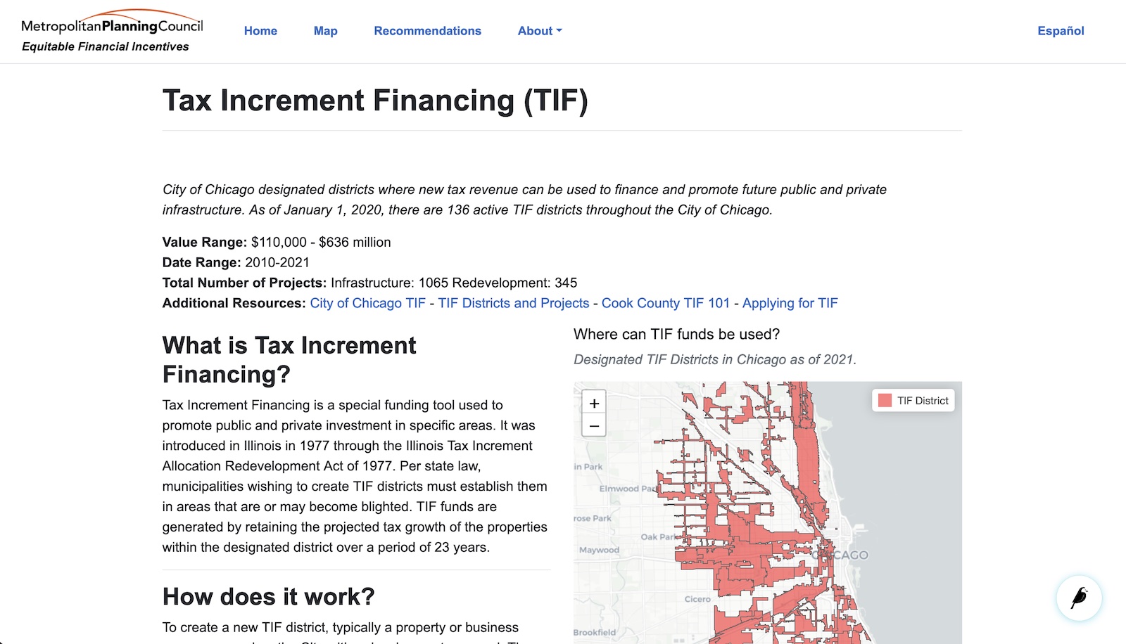 Each type of financial incentive has a detail page with the ability to embed maps in the content